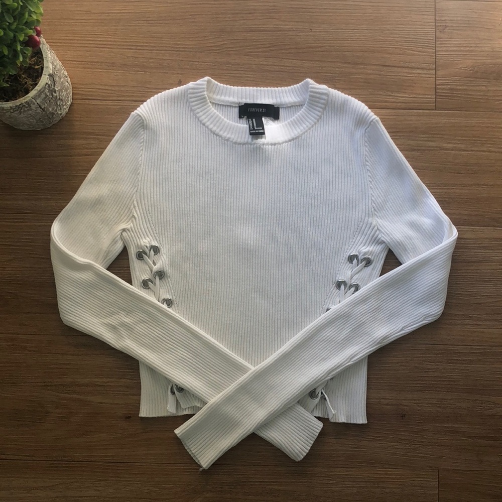 White Ribbed Long-sleeve Top